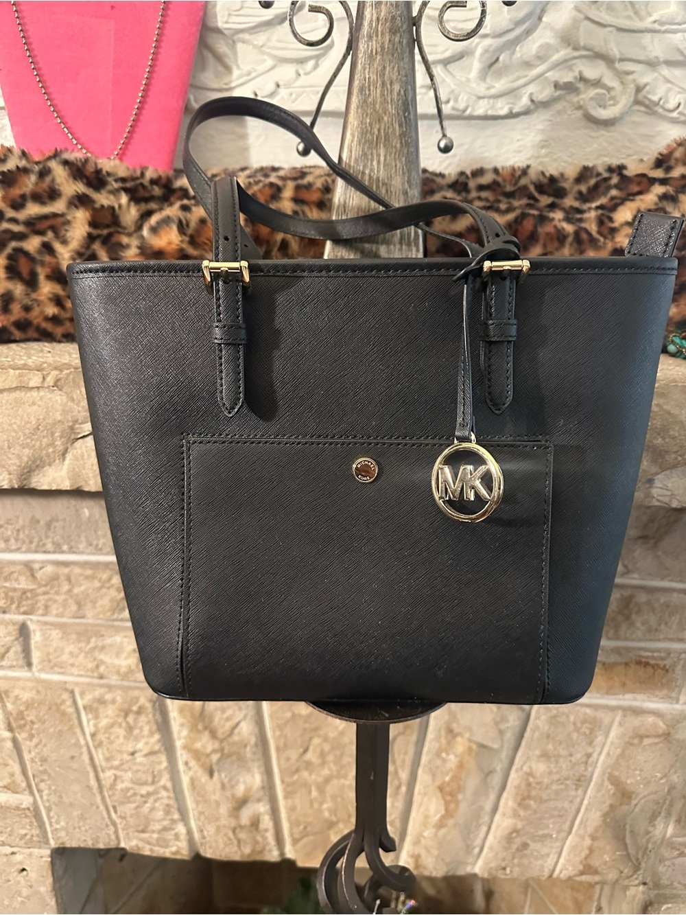 Michael Kors Black Saffiano Tote with Gold MK Charm